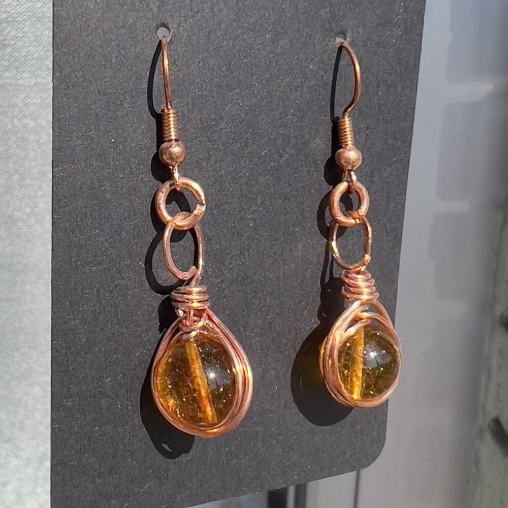 Artisan Made Copper Wrapped Amber Glass Dangle Drop Earrings Pierced Minimalist
